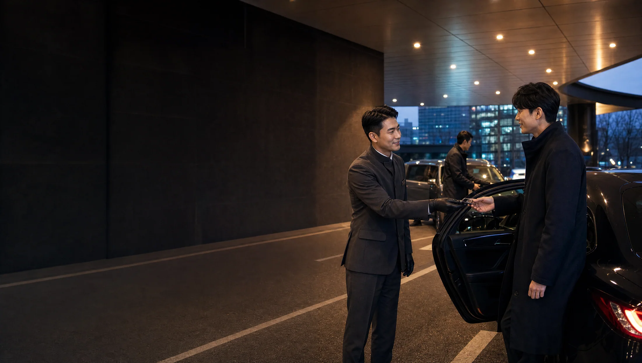 프리미엄 도착 공간에서 고객에게 차량 키를 인계받는 발렛맨